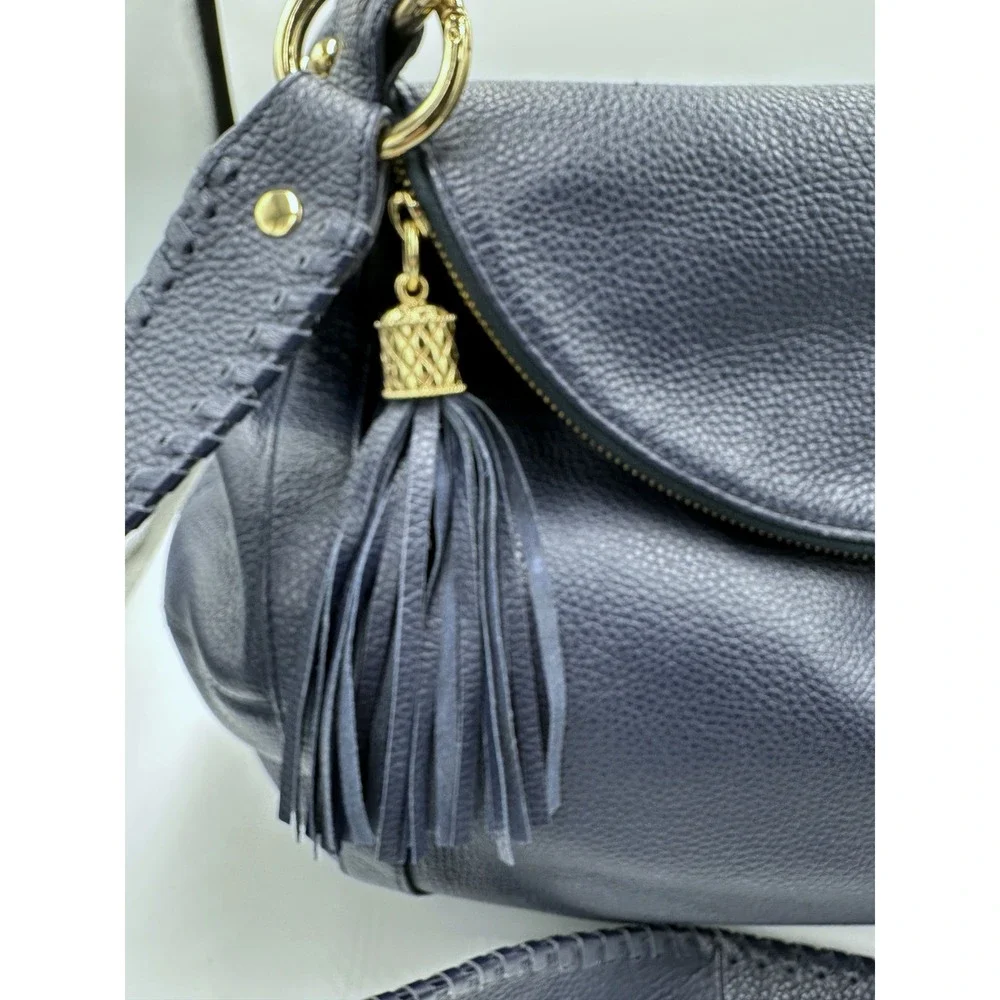 Onna Ehrlich Rachel Navy Blue Pebbled Leather Fold-Over Bag Tassel ASO Cam Diaz